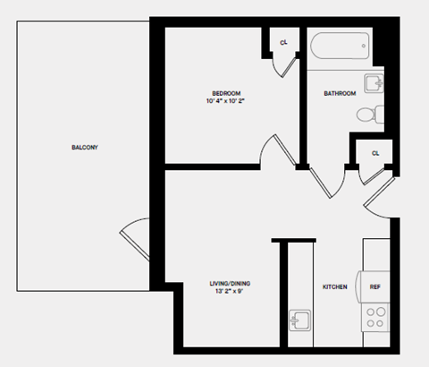 Floor plan for 2 beds, 1 bath, 607 sqft